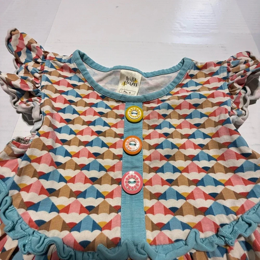 Wildflowers Clothing Girls Dress Size 4 Geometric Print Flutter Sleeve Ruffle